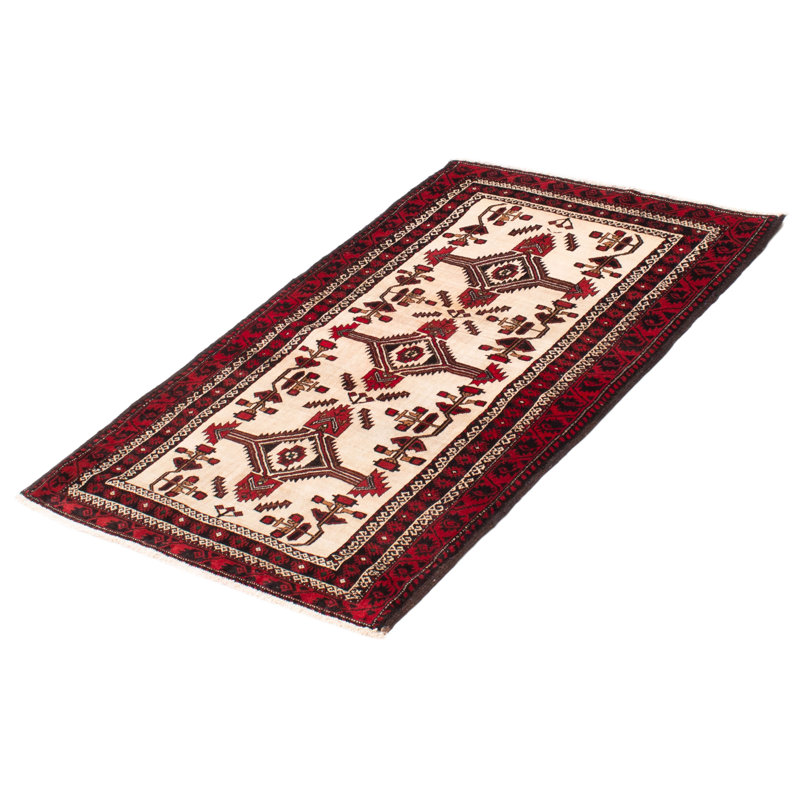 Tapis crème / rouge en laine noué à la main de conception unique 2000 pi 3 pi 7 po x 5 pi 7 po Chunn