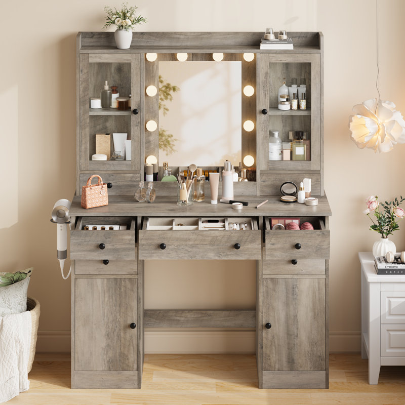 Coiffeuse de maquillage avec lumières DEL et prise de courant, coiffeuse 43,7 po avec 7 tiroirs, armoire de rangement et lumières RVB réglables
