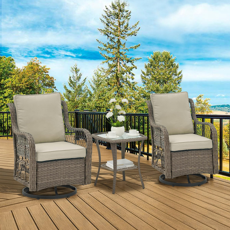 3 Pieces Outdoor Swivel Rocker Chair Set Of 2 With Small Side Table, 360-Degree Swivel Rocking Chair, Gray, Apricot
