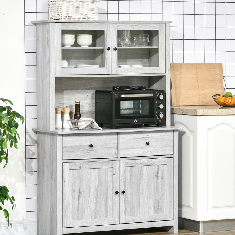 Buffet de cuisine 63,5 "avec garde-manger, 4 tablettes, tiroirs, gris cendré, portes en verre, comptoir à micro-ondes ouvert, rangement supplémentaire gris, gestion de l'espace