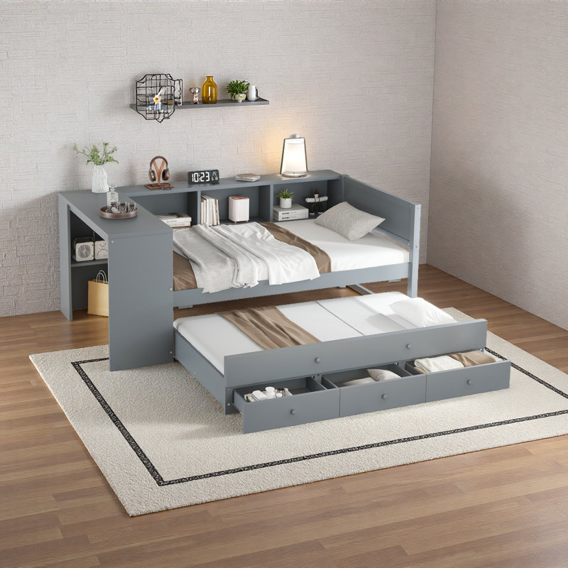 Lit de jour avec couchette, structure de lit de jour en bois avec tiroirs de rangement et tablettes latérales, lit de jour avec bureau, aucune boîte à ressorts nécessaire