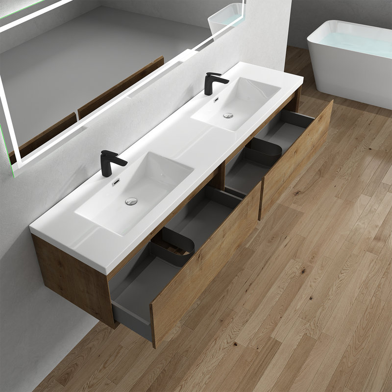 Meuble-lavabo mural double l 83,4 po x P 19,6 po x H 17,7 po Bella, Chêne blanc