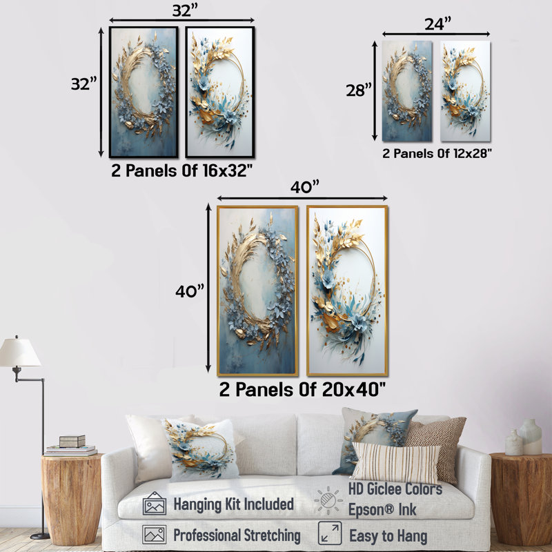 «Bold And Blue Wreath Simplicity», ensemble de 2 décorations murales avec couronne, Cadre blanc, H 32 po x l 33 po
