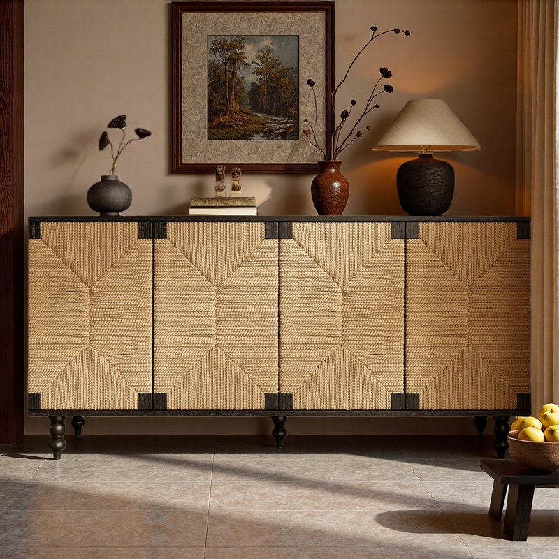 Buffet naturel avec portes brossées en fil de fer et en ruppie maritime et finition grain de bois