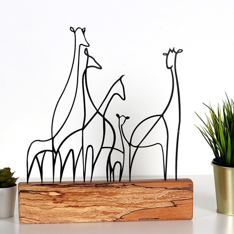 Elegant Decorative Object, Black Metal & Wood, 11.8 x 13.8 x 1.4 inches | 100% Metal (2 mm Thickness) & 100% Real Wood Base | Unique Design, Perfect for Modern Home Decor & Stylish Accent Pieces