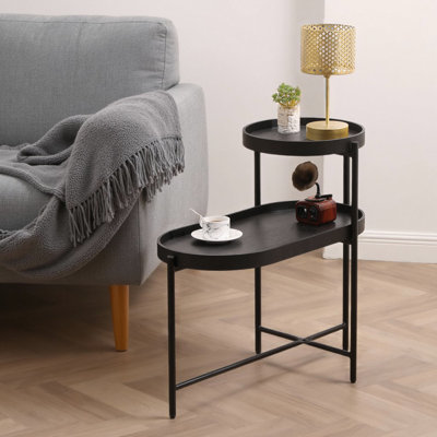29.1" Modern 2-Tier Side Table – Black Metal & Wood