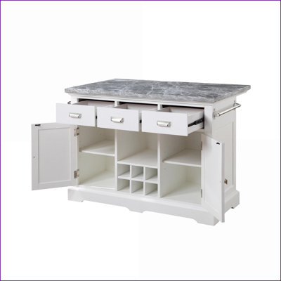 Îlot de cuisine blanc classique avec plateau en marbre gris | Support à vin amovible | Blanc | Bois