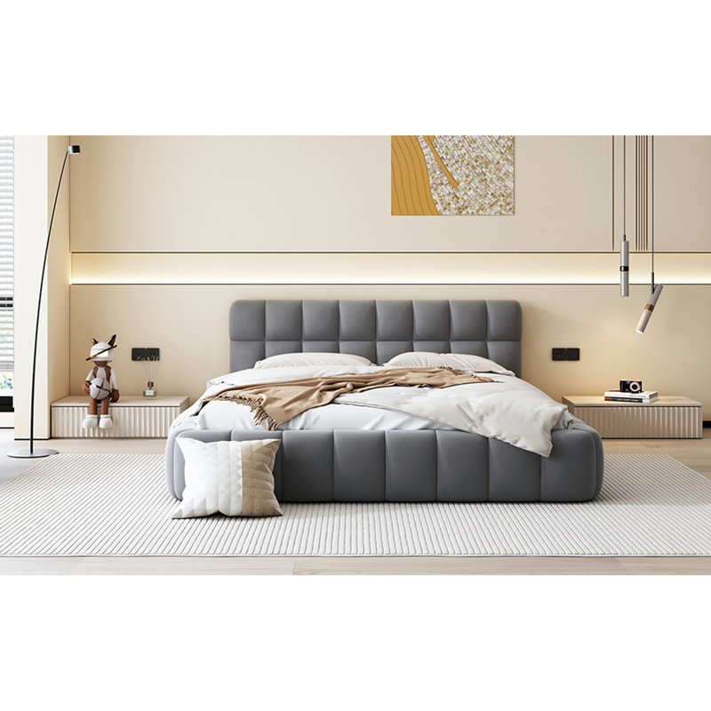 Grand lit plateforme tapissier avec tissu épais et lit au sol avec structure solide, Gris