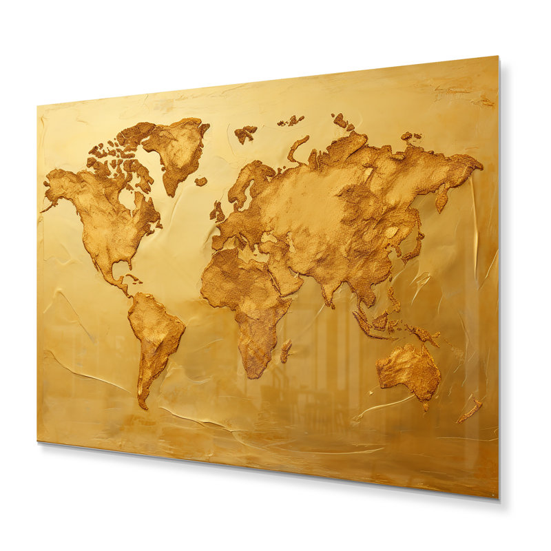 «Golden World Map Geographiques» sur métal, H 12 po x l 20 po x P 1 po