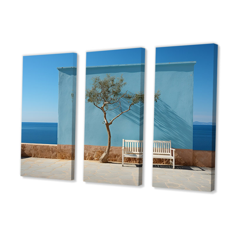 Arbre avec banc, horizon de la Grèce, ensemble d'art sur toile côtière, H 28 po x l 36 po x P 1 po