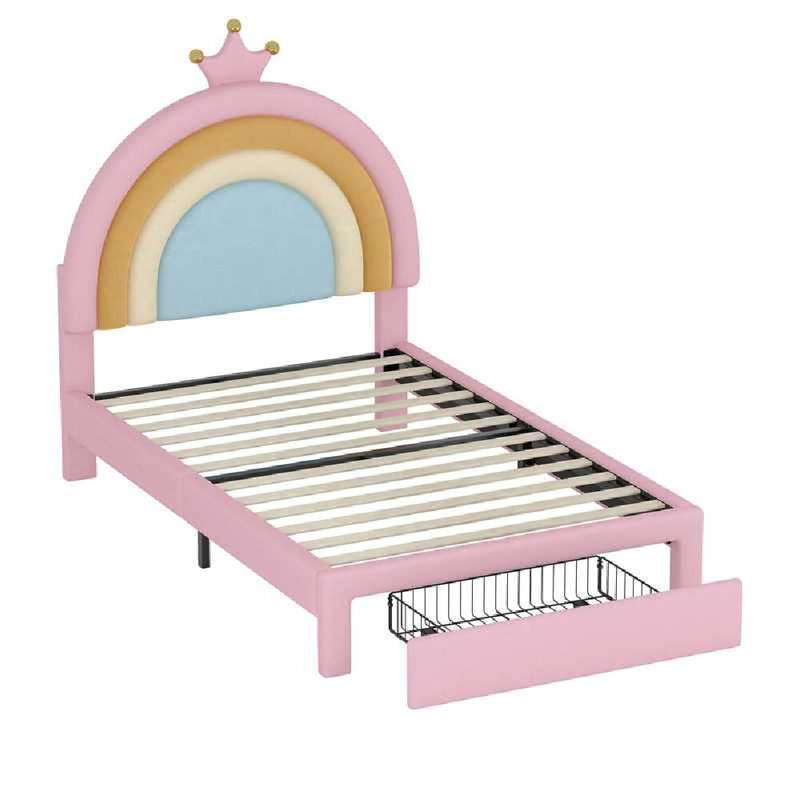 Upholstered Rainbow Design Bed, Velvet Princess Platform Bed With Storage Drawer, No Box-Spring Needed,Colorful&Pink, Full XL