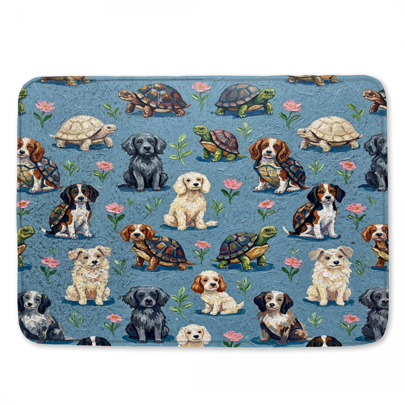 Dogs Turtles Flowers Bath Mat, 34in W x 21in L