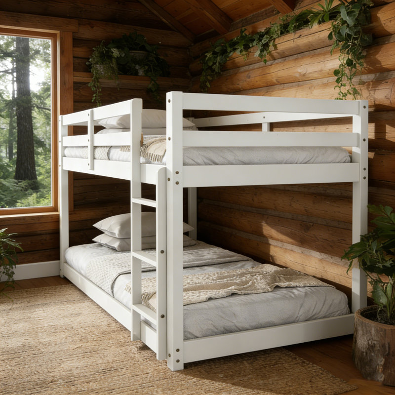 Twin Over Twin Solid Wood Bunk Beds With Ladder, White