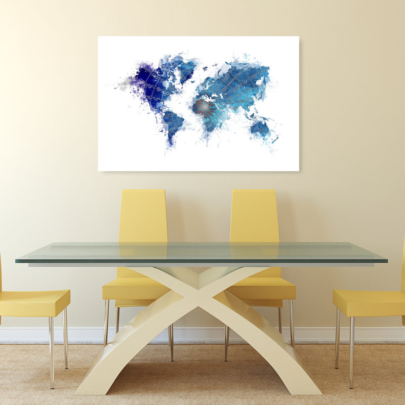 Art mural contemporain abstrait carte du monde bleu aquarelle, 32" H x 48" W