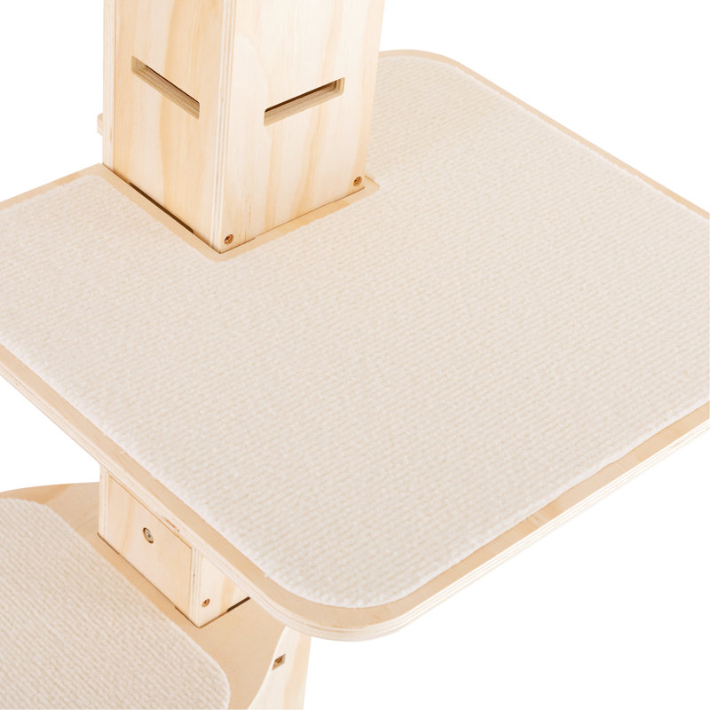 Arbre à chat à hauteur réglable pour plancher et plafond, multi-niveaux pour chats d'intérieur. Fabrication en pin multi-couches. Conception verticale avec tablettes perchoirs et tapis en flanelle douce. Aucun perçage requis. Naturel