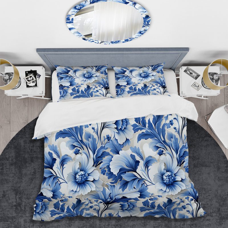 Cobalt Blue Acanthus Leaves Victorian Pattern - Ensemble de housse de couette à motif floral