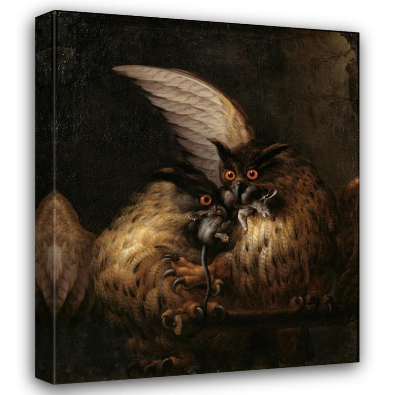 «Two Owls Fighting over a Rat» par Hans Georg Muller - art mural sur toile tendue, H 40 po x l 28 po