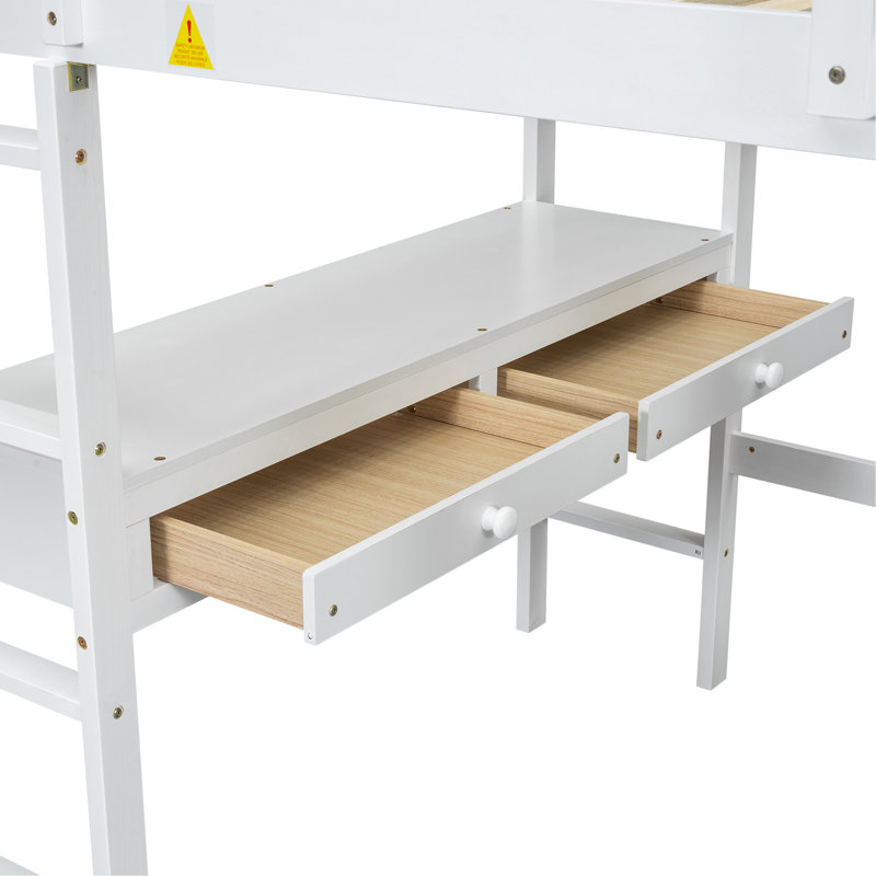 Lit mezzanine double avec bureau intégré avec deux tiroirs et tablettes et tiroirs de rangement, blanc