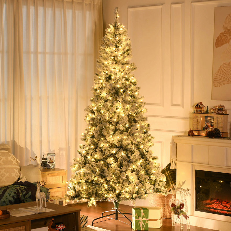 Décoration de Noël d'arbre de Noël artificielle haute 7,5 pi avec 1188 branches floquées par la neige, 500 lumières DEL blanc chaud, ouverture automatique, vert