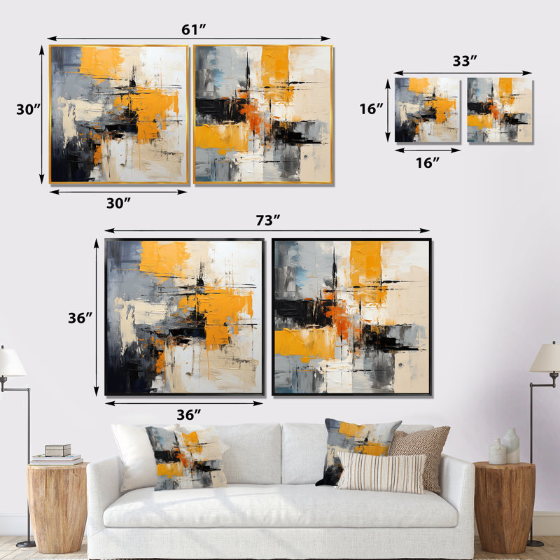 «Gray and Yellow Paint Elegance I», ensemble de 2 reproductions d'art sur toile, Cadre flottant enveloppé