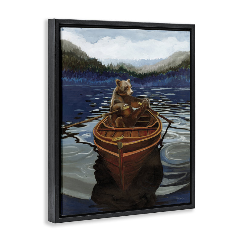 «Brown Bear on Row Boat Floater», art mural par Stellar Design Studio, Cadre flottant noir de jais, H 21 po x l 17 po