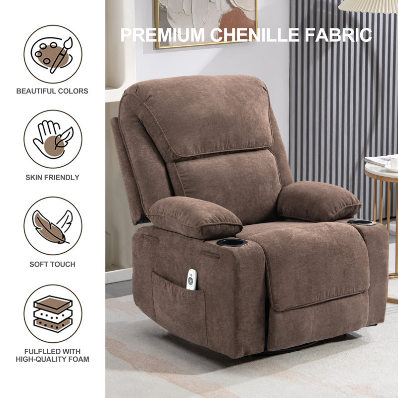 Fauteuil inclinable, pivotant et berçant moderne avec chauffage et massage (brun), Tissu, Brun
