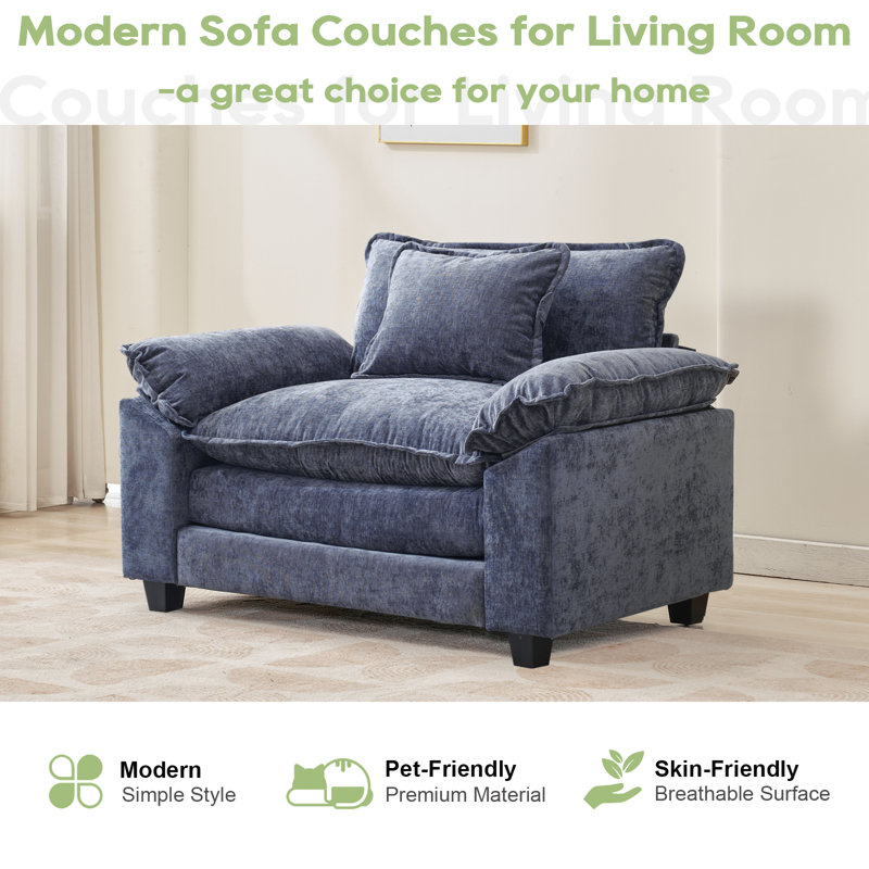 53" Comfy Cloud Couch Deep Seat Sofa Chair With Throw Pillow For Living Room Bedroom, Blue Chenille
