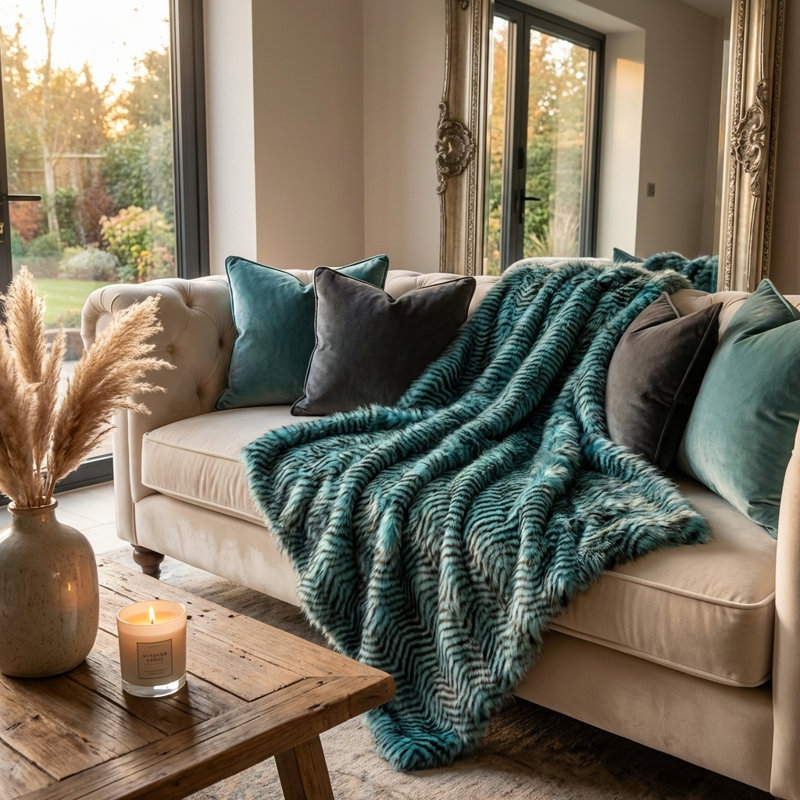 Jeté en fausse fourrure de luxe fabriqué à la main à motif de plumes chichi Plutus, l 36 po x L 60 po, Jeté