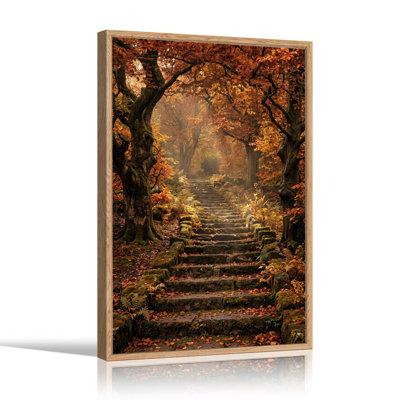 Escalier en pierre moussue dans une forêt d'automne - Tableau sur toile
