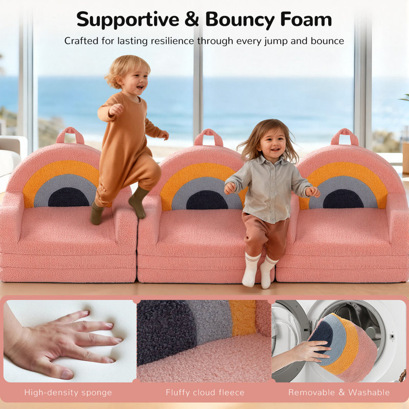 Foldable Toddler Couch, 2-in-1 Comfy Toddler Chair & Lounger for Reading, Playroom, Kids Couch Sofa for Birthday Gift, Blush Rainbow