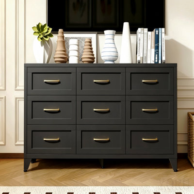 Commode 9 tiroirs pour la chambre à coucher, commode à profil en métal, commode de chambre noire avec tiroirs de rangement pour placard, couloir, entrée, meubles en acier avec glissières silencieuses, facile à nettoyer et à gratter