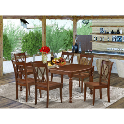 Ensemble de table de salle à manger 7 pièces composé d'une table rectangulaire avec rallonge papillon et 6 chaises en bois, acajou
