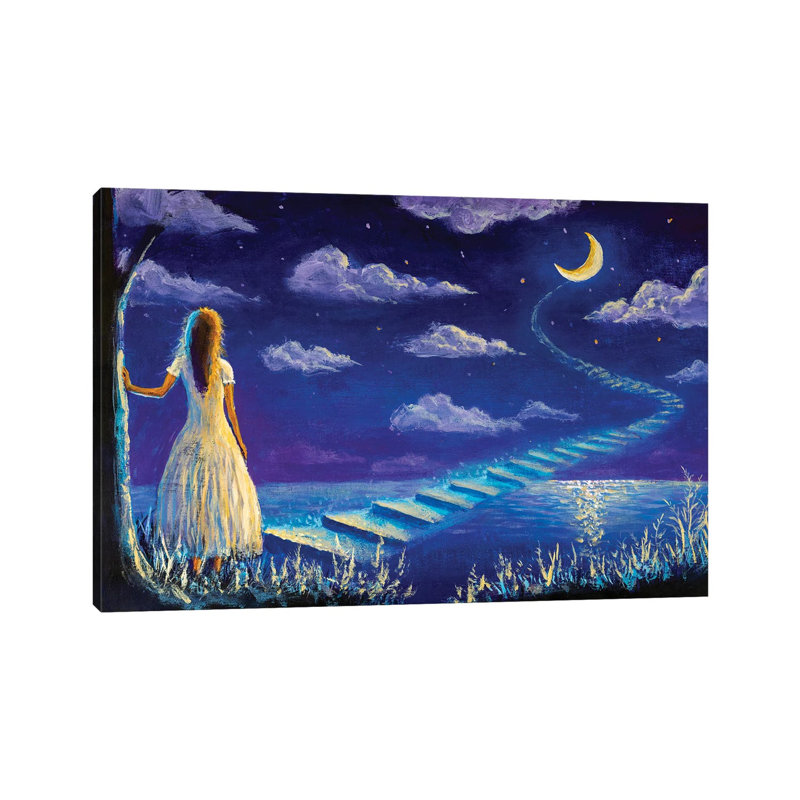 Princess Climbs Magic Steps to Moon in Night Seascape 1 Piece Wrapped Canvas Painting, 101.6 cm H x 66.04 cm W x 3.175 cm D