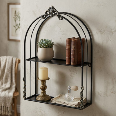Sophronia Vintage Metal 2-Tier Wall Shelf, Black Arched Scroll Design