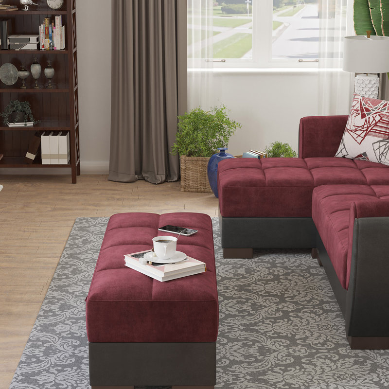 Clemmer Fabric Upholstered Ottoman with Storage, Burgundy/Black Microfiber
