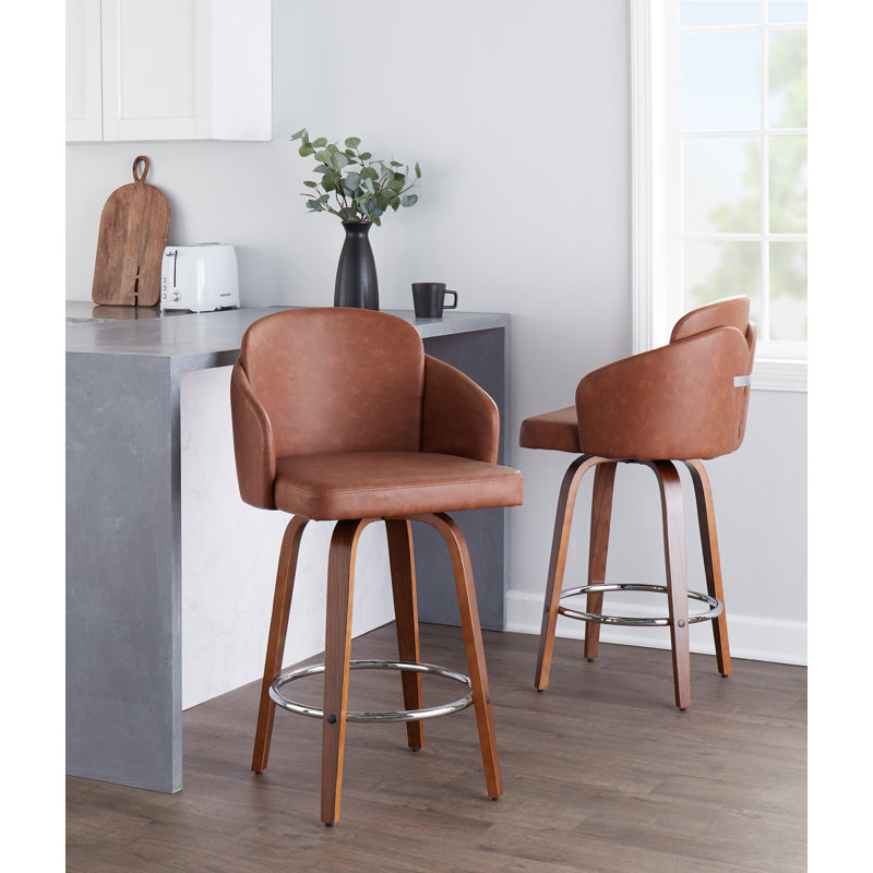 Violetta Swivel Upholstered Counter Stool, Walnut, Camel Faux Leather