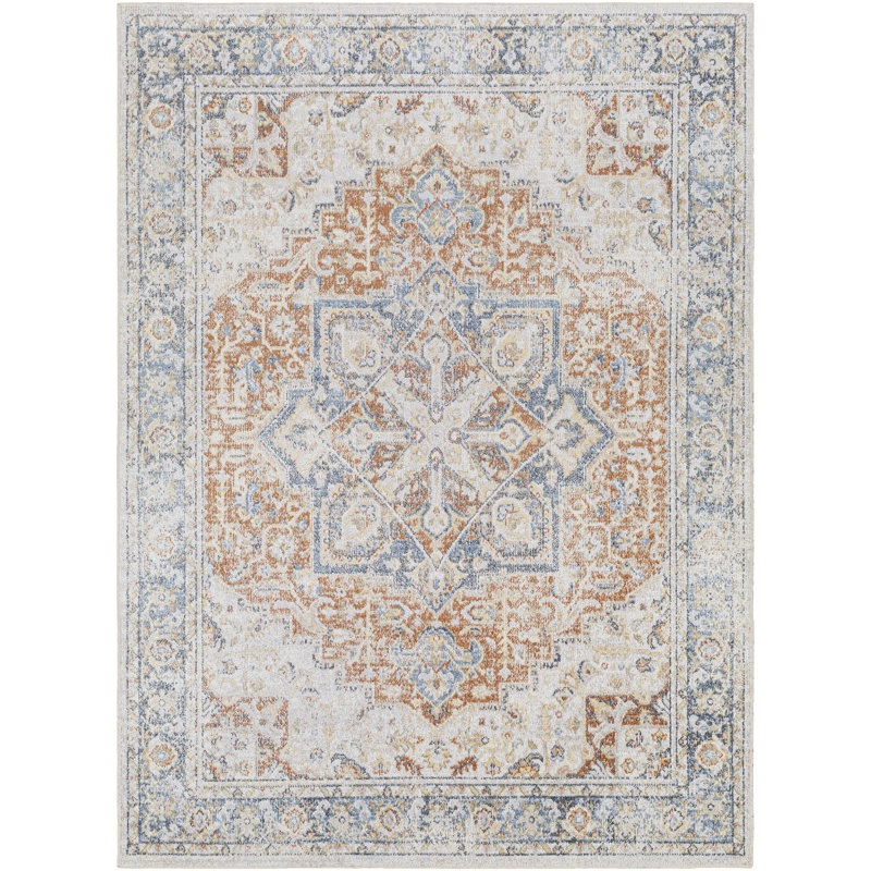 Beliveau Kips Bay Oriental Machine Woven Area Rug in Orange/Light Blue/Beige, Rectangle 6'7" x 9'