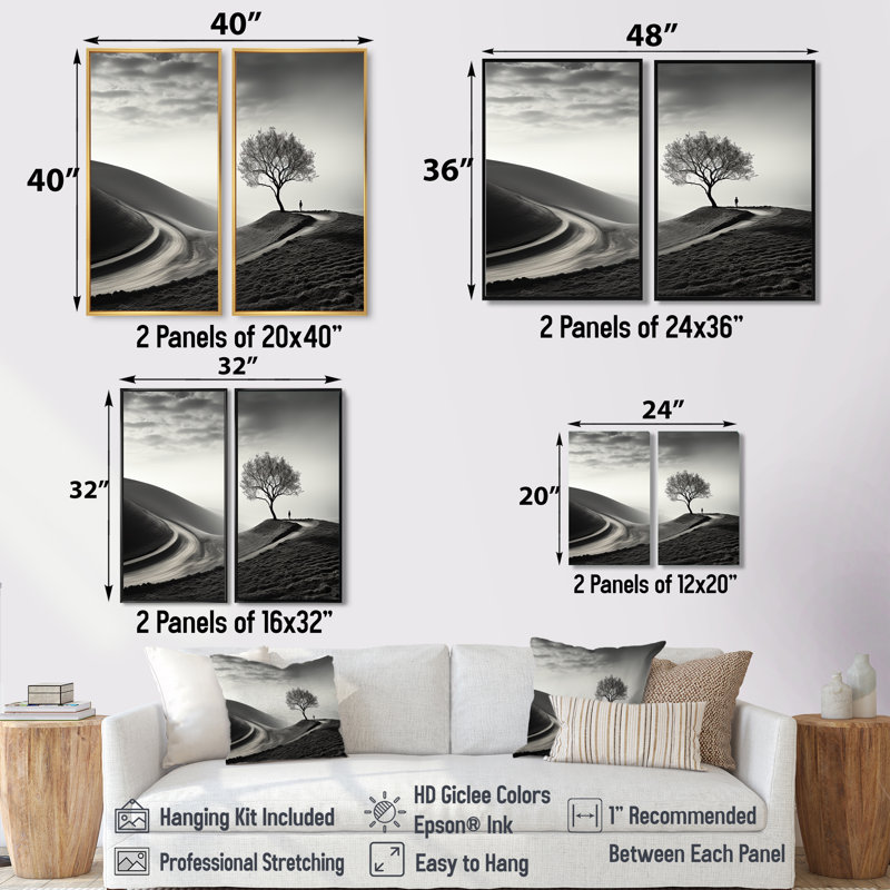 Photographie d'arbre de solitude noir et blanc - art mural blanc, 36" H x 48" W, Impression encadrée flottante, Black
