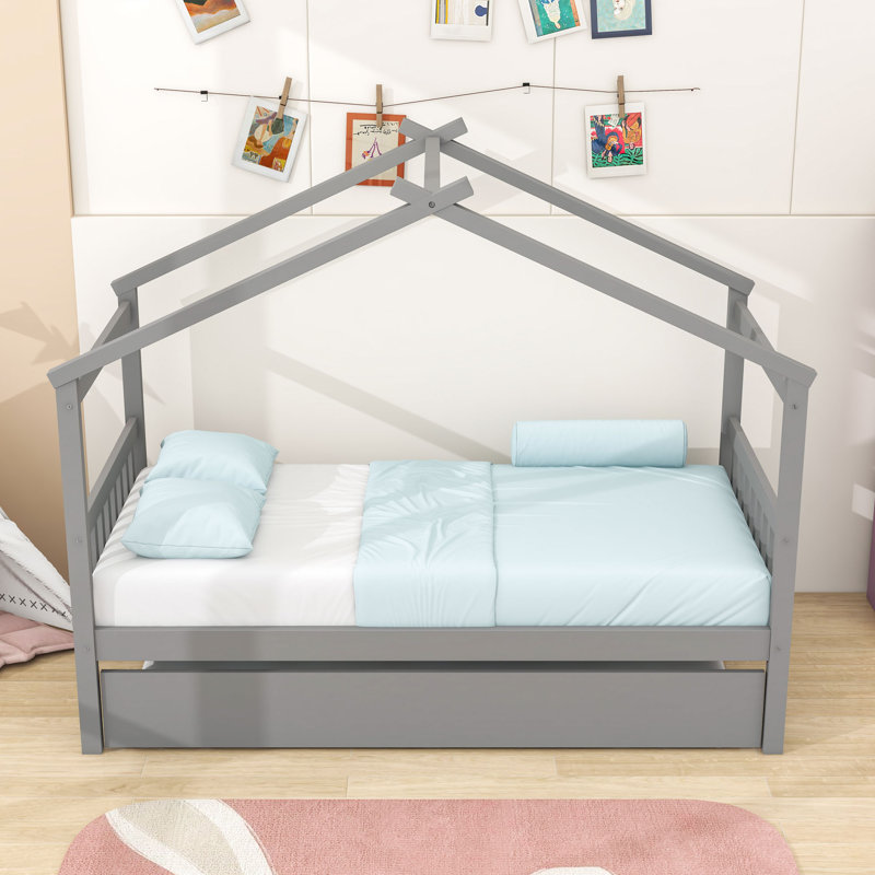 Lit en bois en forme de maison avec toit suspendu et lit gigogne simple, Simple, Gris
