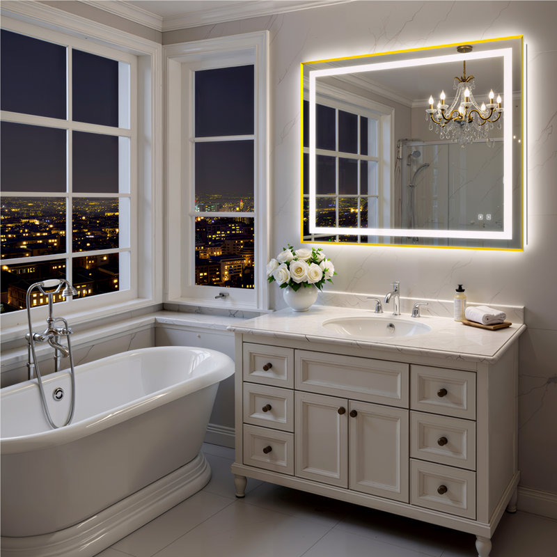 Bathroom LED Mirror Brushed Gold Metal Frame Frontlit & Backlit Vanity Mirror Anti-Fog Stepless Dimmable 3 Colors Wall-Mounted