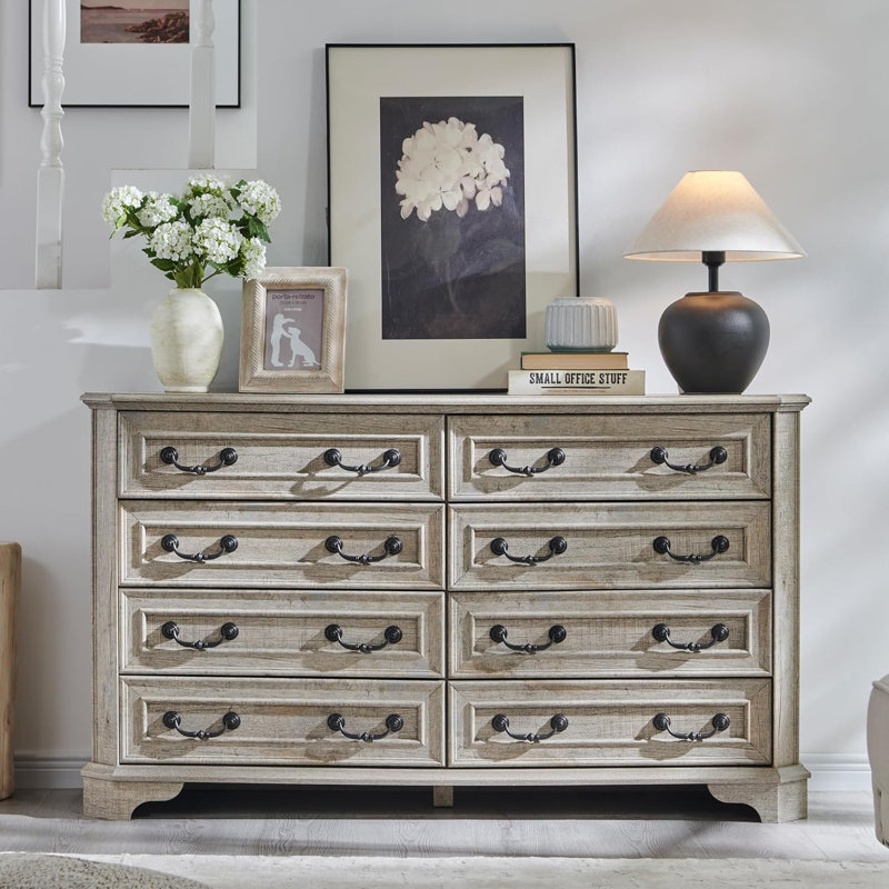Commode 8 tiroirs, commode de rangement avec poignées en métal, organisateur de chambre à coucher large, Chêne rustique pâle