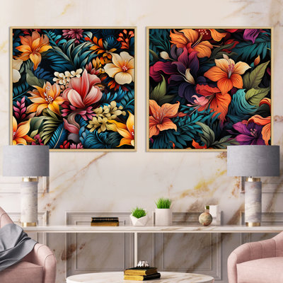 Exotic Hibiscus Oasis In Full Bloom I - Floral Square Collage Set Of 2