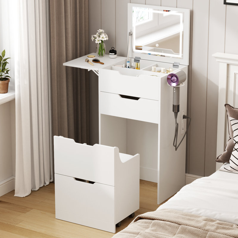 Bureau de coiffeuse compact avec miroir à DEL rabattable, tiroir et rangement pour tabouret caché