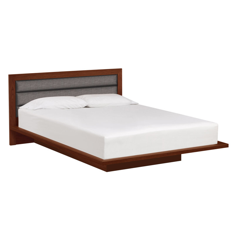Lit plateforme rembourré en bois massif Moduluxe, Très grand, Cerise cognac, Tissu argenté