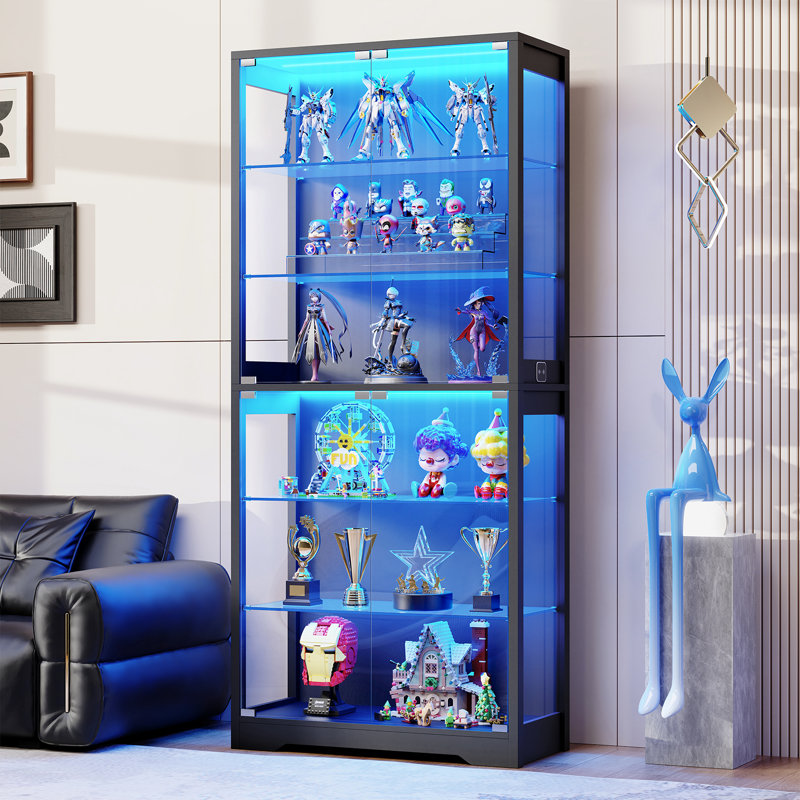 71" Display Cabinet With Glass Door, 6-Tier Curio Cabinet With 3 Color Light For Collectibles, Display Case With Adjustable Glass Shelves, Human Body Sensor, Black