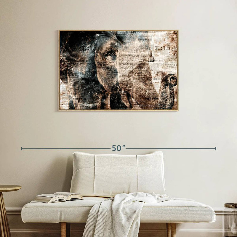 Éléphant texturé, Cadre flottant en bois naturel, 37 po x 25 po
