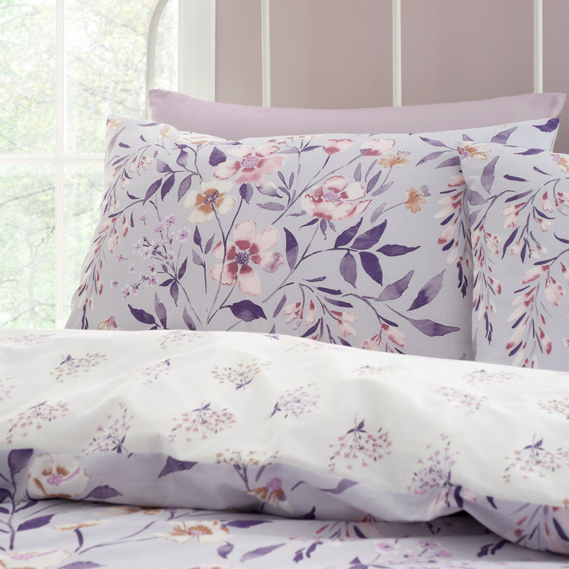 Isadora Floral Reversible Duvet Cover Set, Double Duvet Set + 2 Pillowcases, Lilac