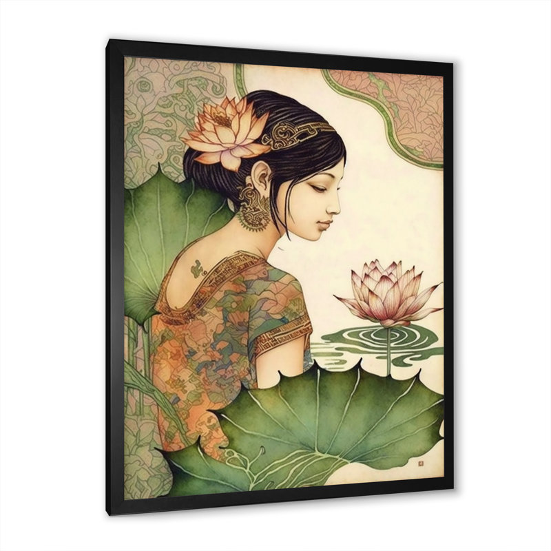 " Elegant Asian Lotus Goddess III ", Black Picture Framed, 20" H x 12" W x 1" D