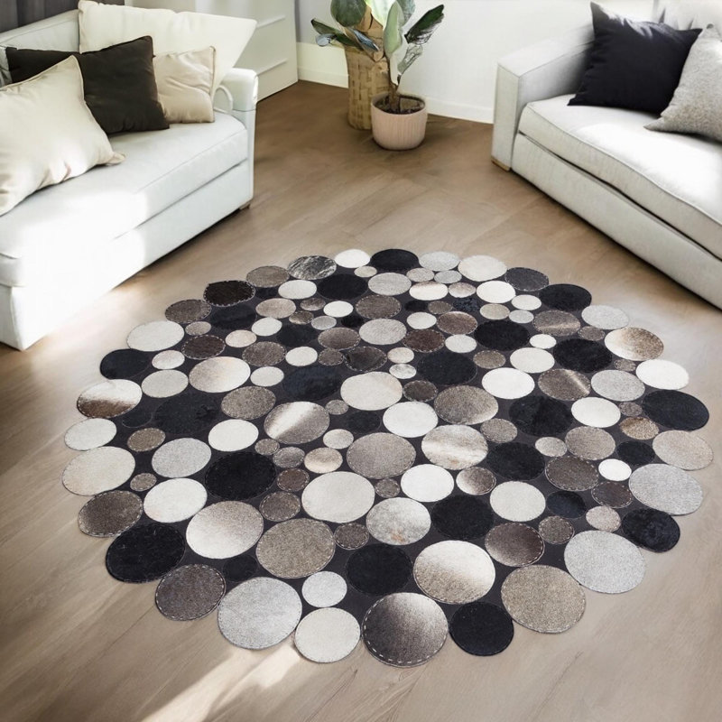 Tapis rond noir et gris en cuir de vache patchwork rond 10 pi, Rond 10pi