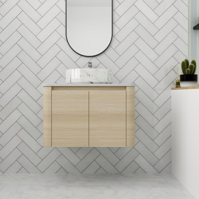 Meuble-lavabo flottant avec porte à fermeture en douceur 30 po, Blanc / Doré